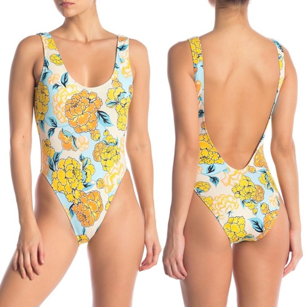 The Bikini Lab Spanish Bloom High Leg One Piece Swimsuit Women's L Yellow Floral